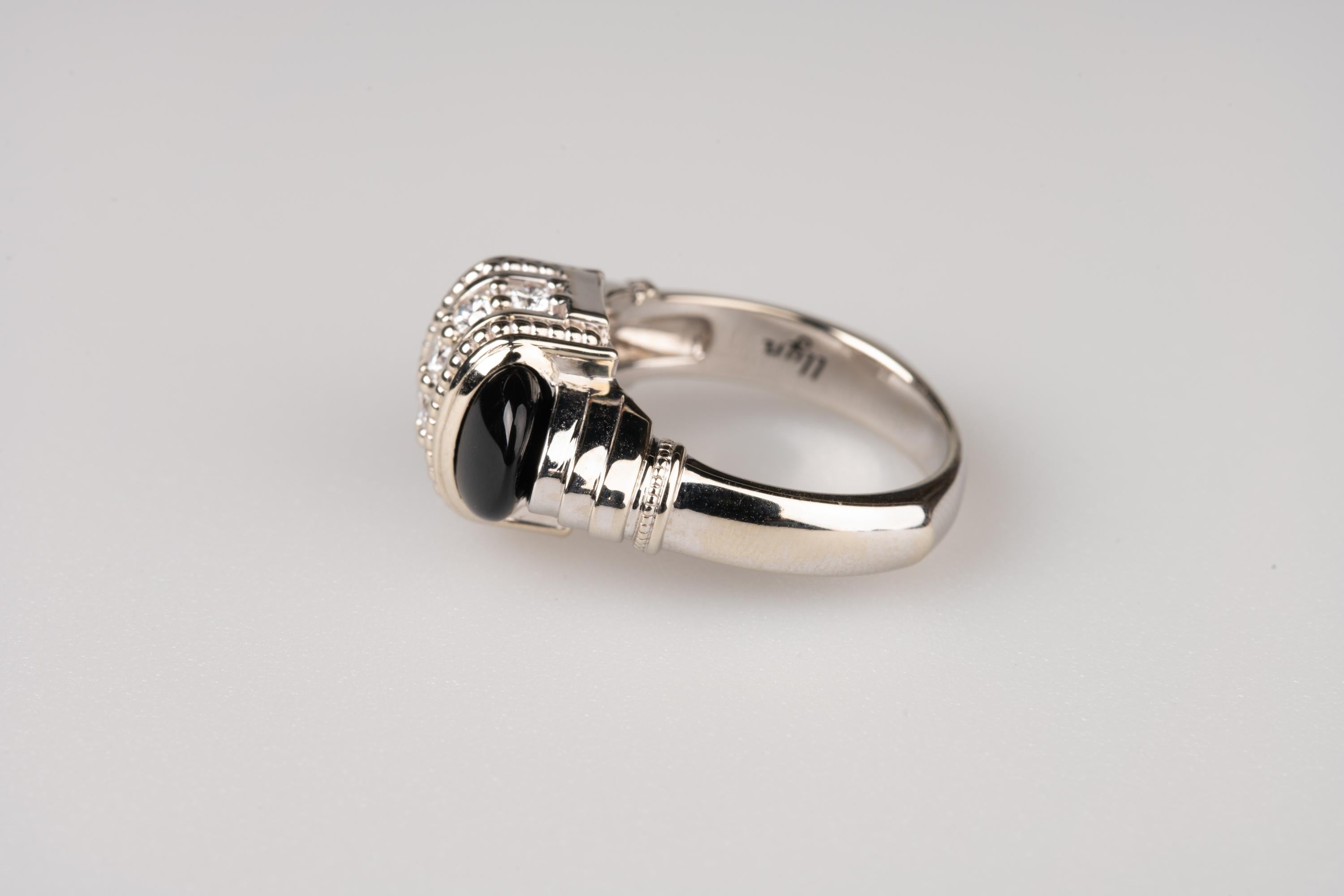 Cabochon 18 Karat White Gold Onyx and White Diamond Ring