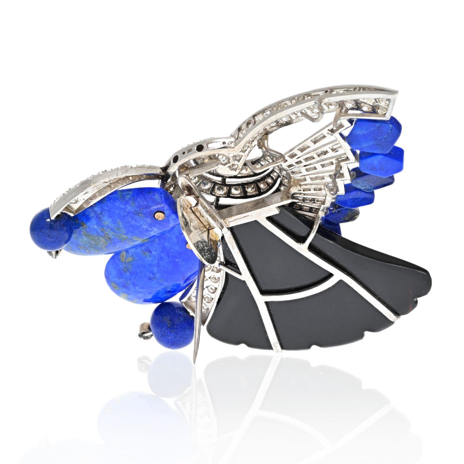 Modern 18K White Gold Onyx, Blue Lapis and Diamond Brooch For Sale