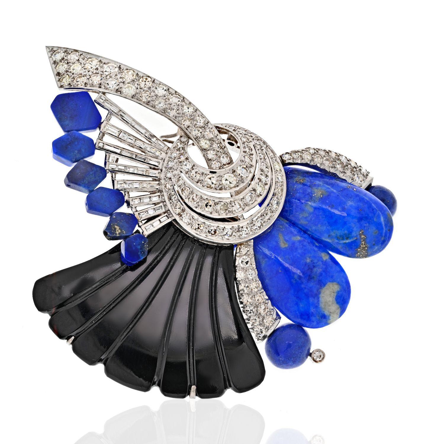 Round Cut 18K White Gold Onyx, Blue Lapis and Diamond Brooch For Sale