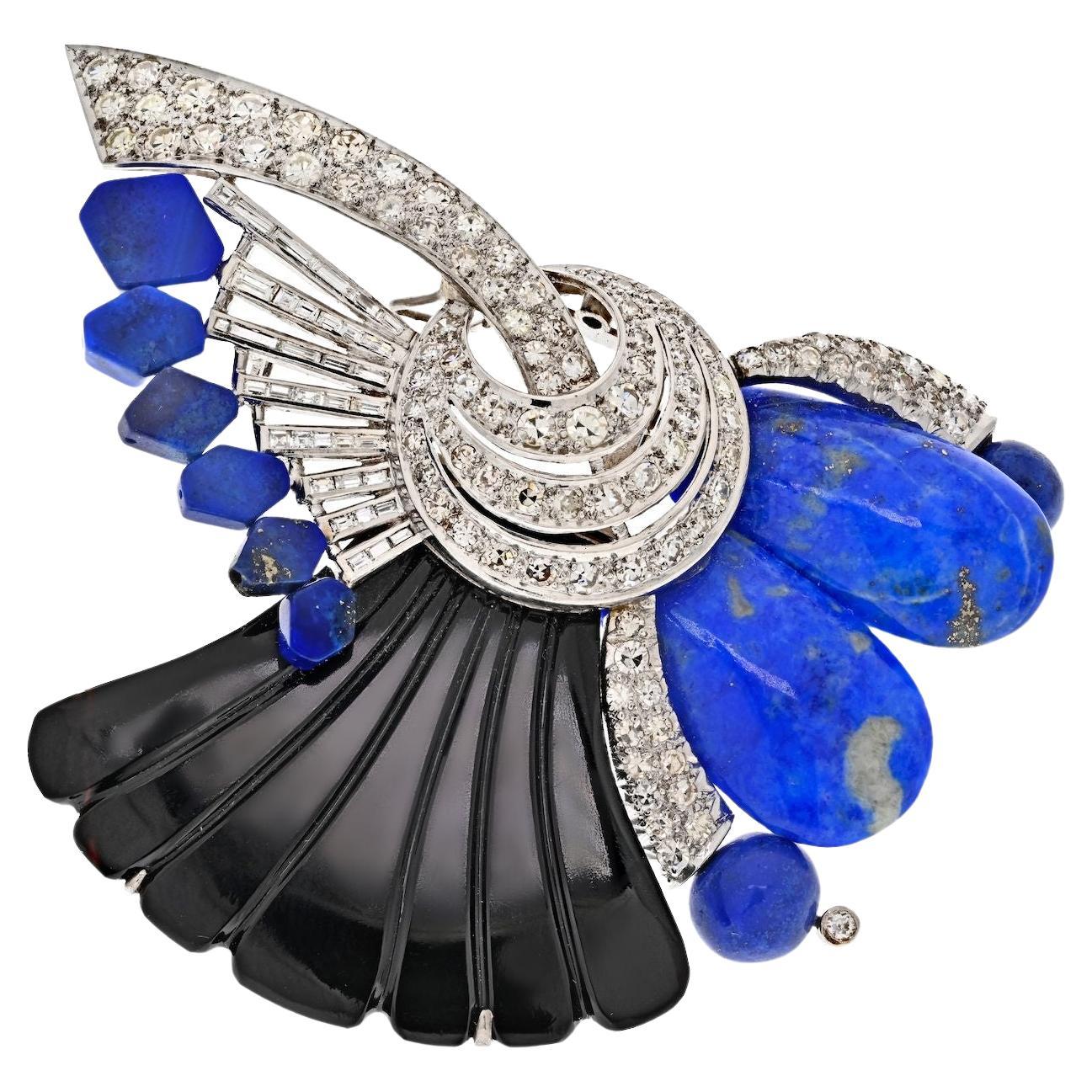 18K White Gold Onyx, Blue Lapis and Diamond Brooch For Sale