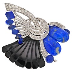 Vintage 18K White Gold Onyx, Blue Lapis and Diamond Brooch