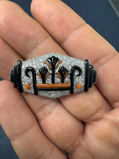 18K White Gold Onyx, Coral & Diamond Geometric Brooch