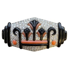 18K White Gold Onyx, Coral 
Diamond Geometric Brooch