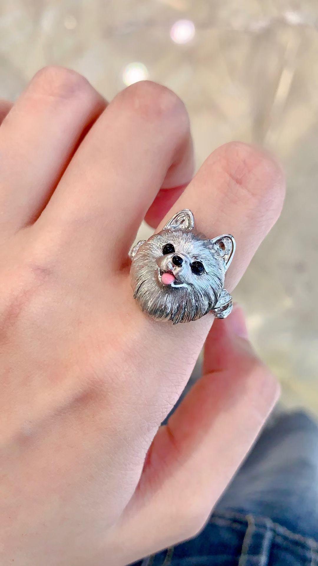 18K White Gold Onyx & Diamond 'Dog' Collection Ring For Sale 3