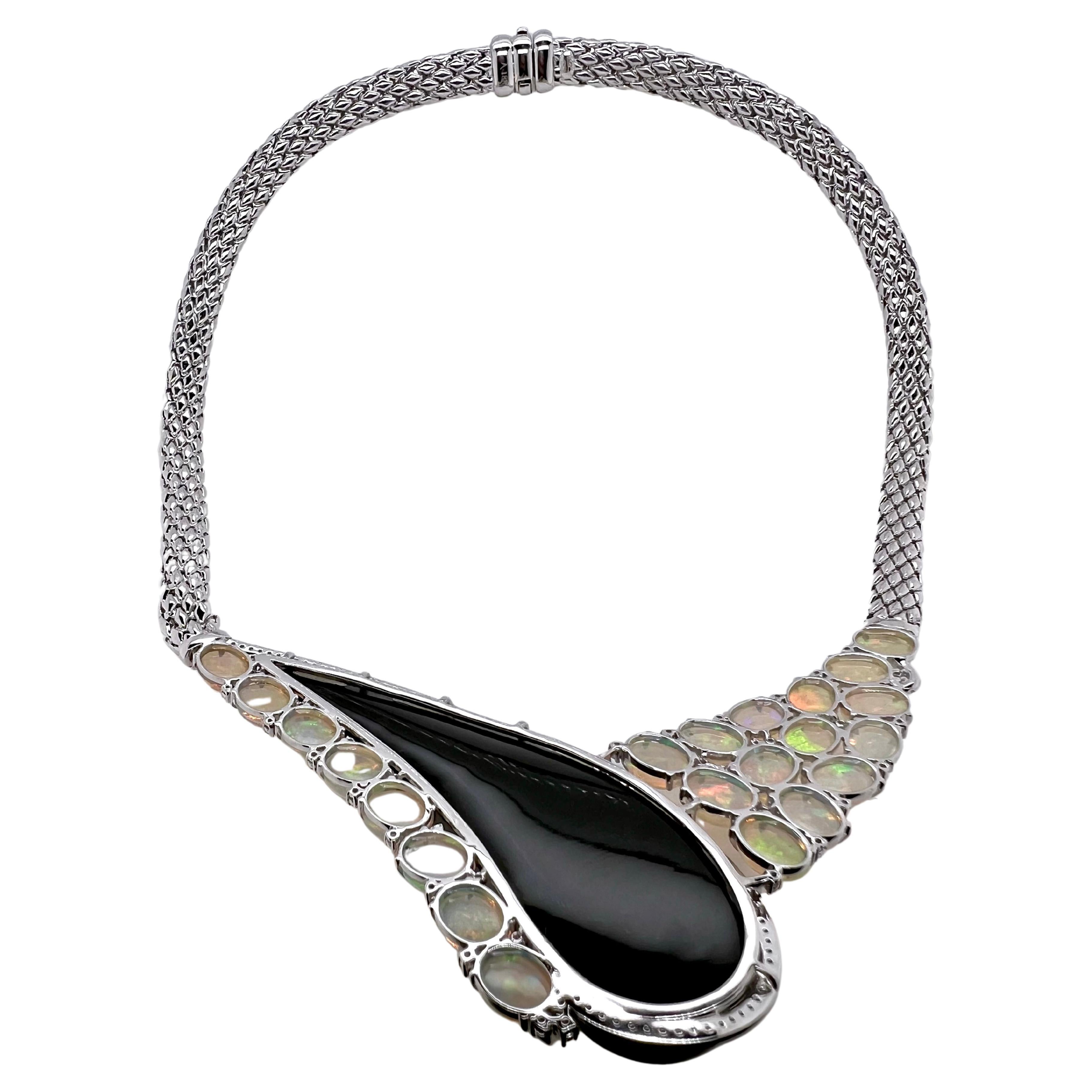 Contemporary 18k White Gold Onyx, Ethiopian Opal with Diamond Collar Style Necklace For Sale
