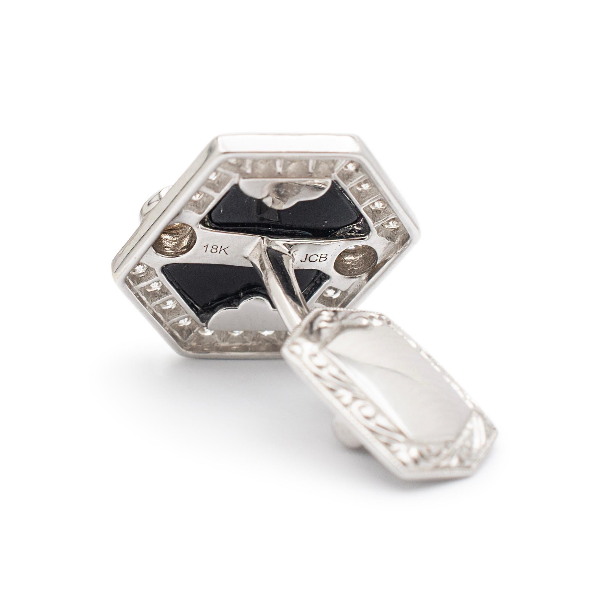Round Cut 18K White Gold Onyx Halo Diamond Textured Cufflinks For Sale