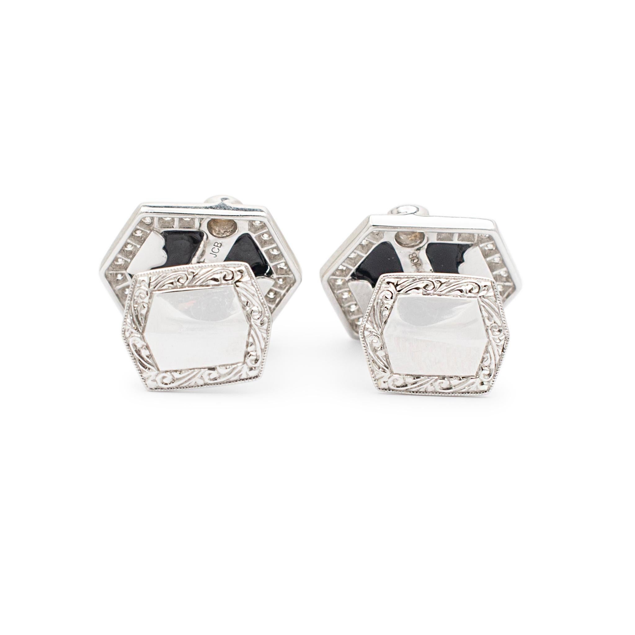 18K White Gold Onyx Halo Diamond Textured Cufflinks In Excellent Condition For Sale In Houston, TX
