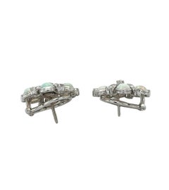 Mid-Century 18k White Gold Opal and Diamond Earclips