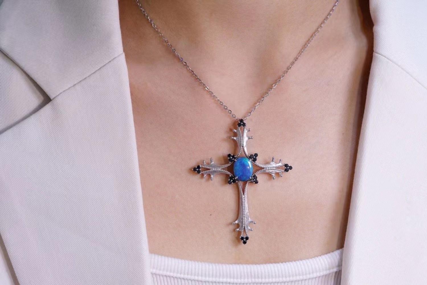 18K White Gold Opal & Blue Sapphire Cross Pendant Necklace with Diamonds For Sale 4