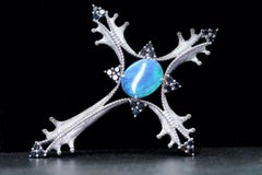 18K White Gold Opal & Blue Sapphire Cross Pendant Necklace with Diamonds