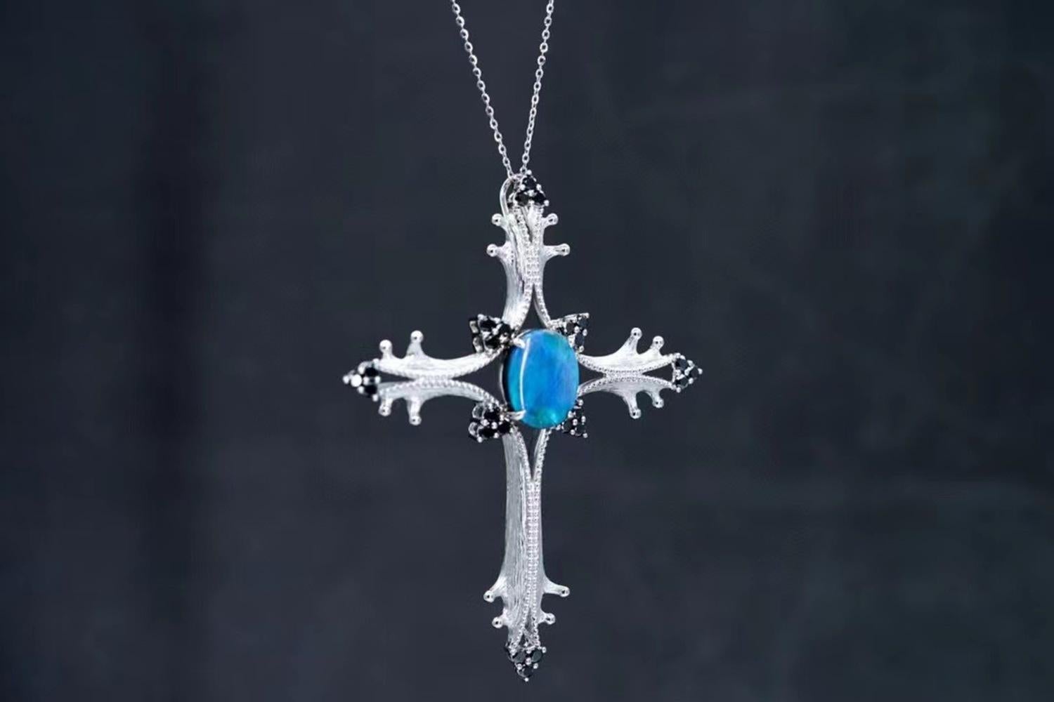 Modern 18K White Gold Opal & Blue Sapphire Cross Pendant Necklace with Diamonds For Sale