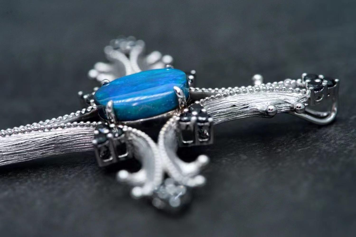 Round Cut 18K White Gold Opal & Blue Sapphire Cross Pendant Necklace with Diamonds For Sale