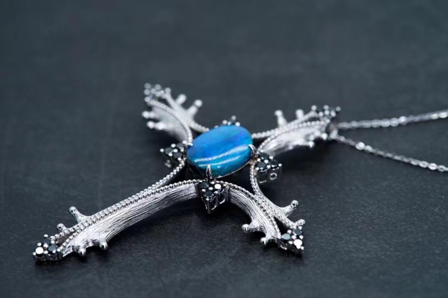 Women's or Men's 18K White Gold Opal & Blue Sapphire Cross Pendant Necklace with Diamonds For Sale