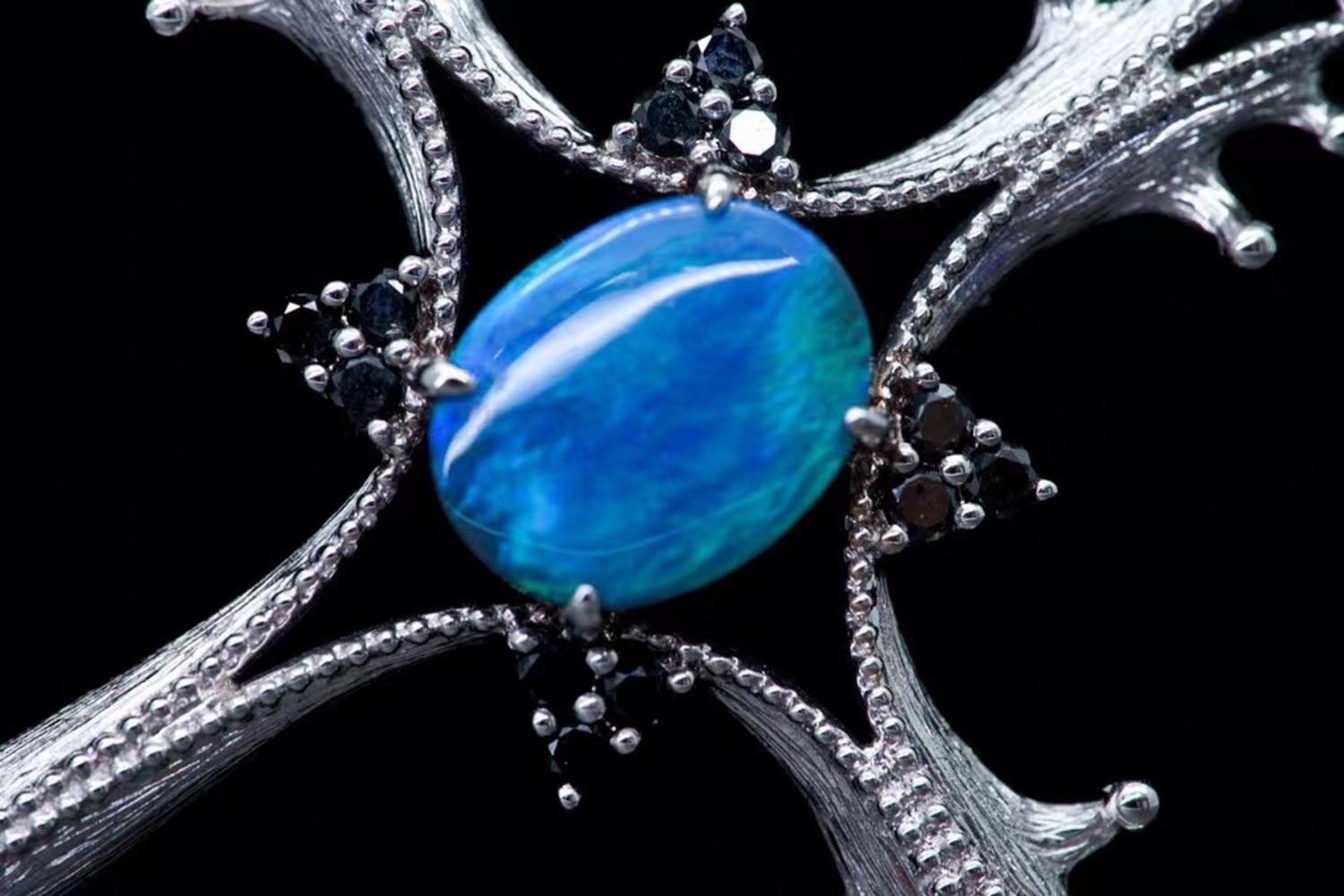 18K White Gold Opal & Blue Sapphire Cross Pendant Necklace with Diamonds For Sale 2