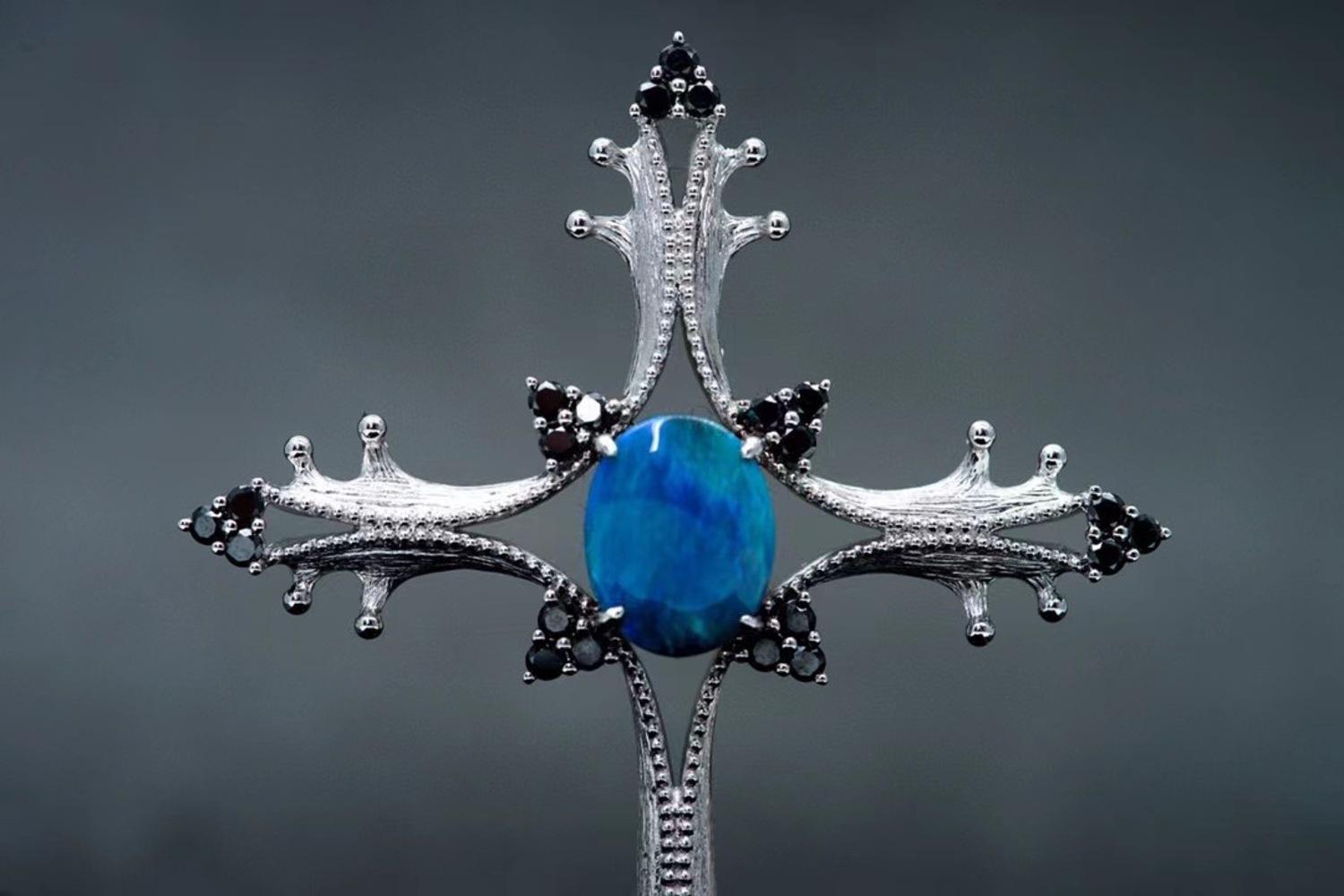 18K White Gold Opal & Blue Sapphire Cross Pendant Necklace with Diamonds For Sale 3