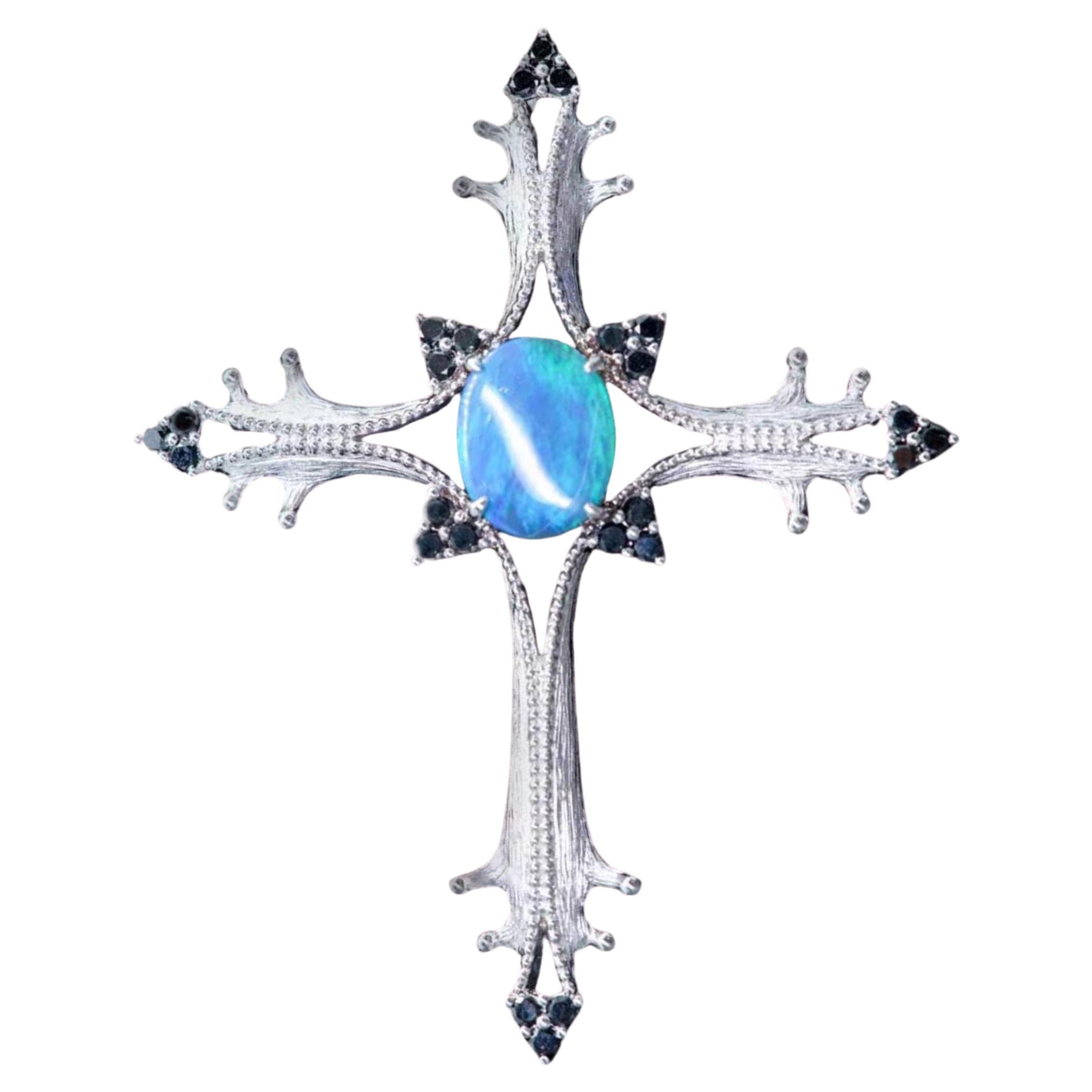 18K White Gold Opal & Blue Sapphire Cross Pendant Necklace with Diamonds