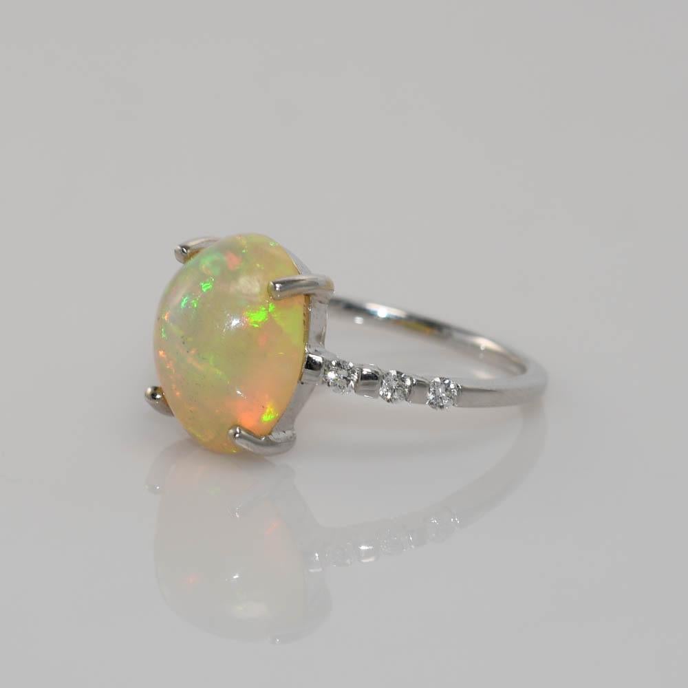 Oval Cut 18K White Gold Opal & Diamond Ring, 2.7g For Sale