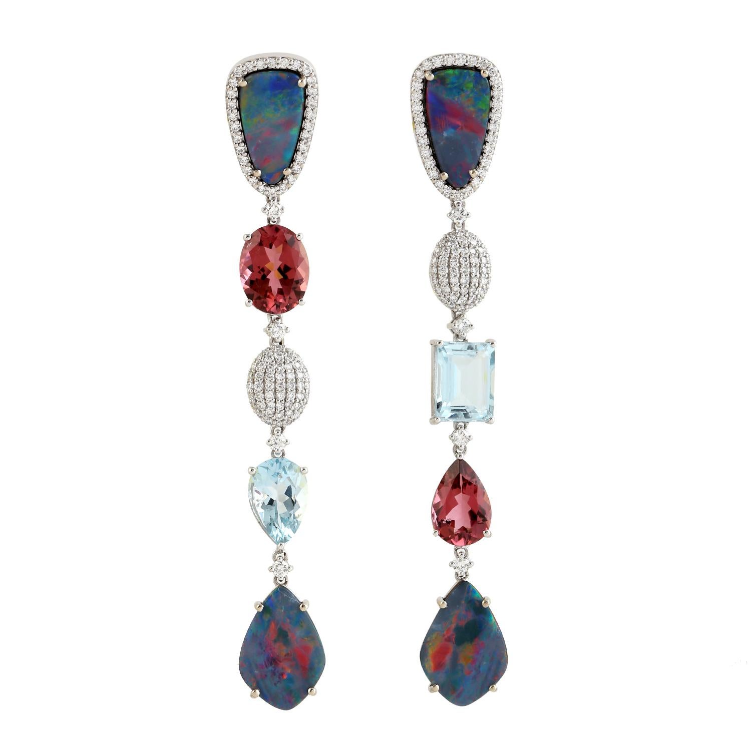 Artisan 18k White Gold Opal Doublet Multi Tier Earrings With Aqua, Tourmaline & Diamonds For Sale