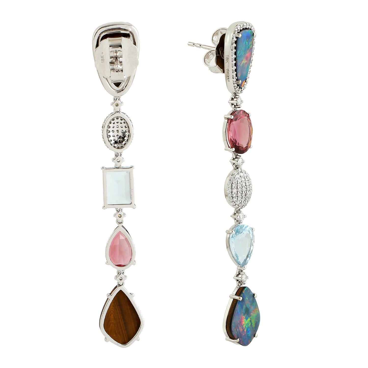 Mixed Cut 18k White Gold Opal Doublet Multi Tier Earrings With Aqua, Tourmaline & Diamonds For Sale
