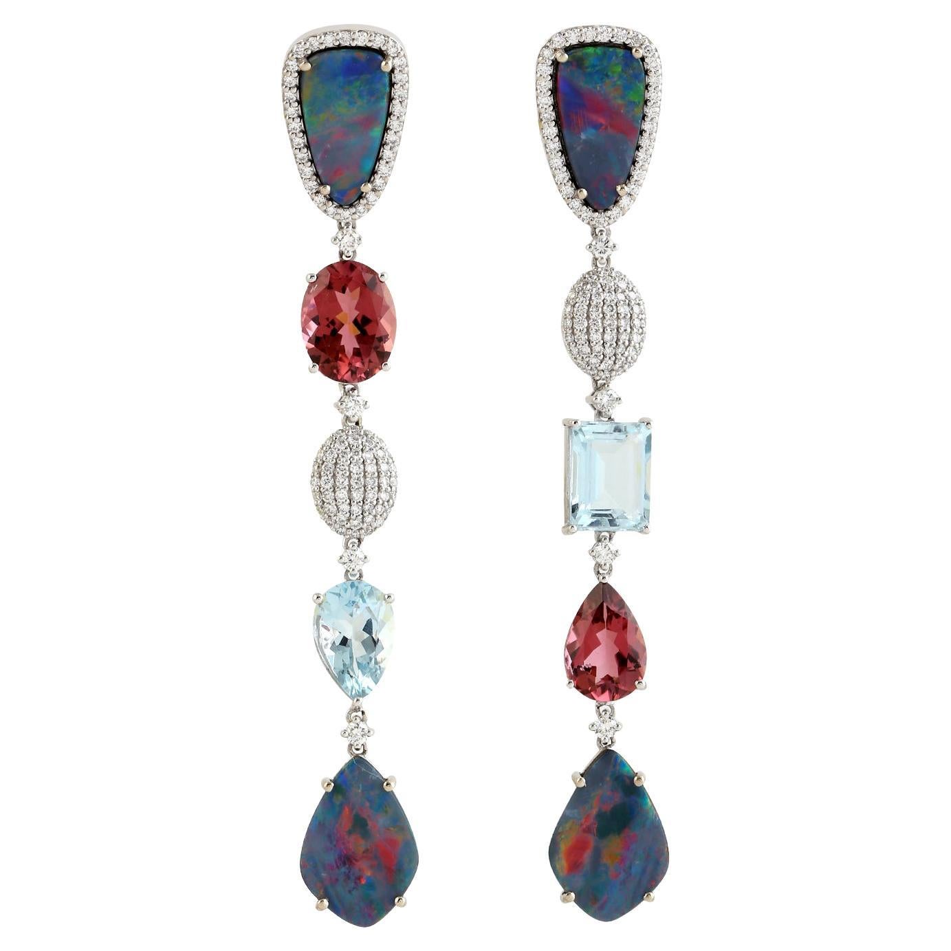18k White Gold Opal Doublet Multi Tier Earrings With Aqua, Tourmaline & Diamonds For Sale