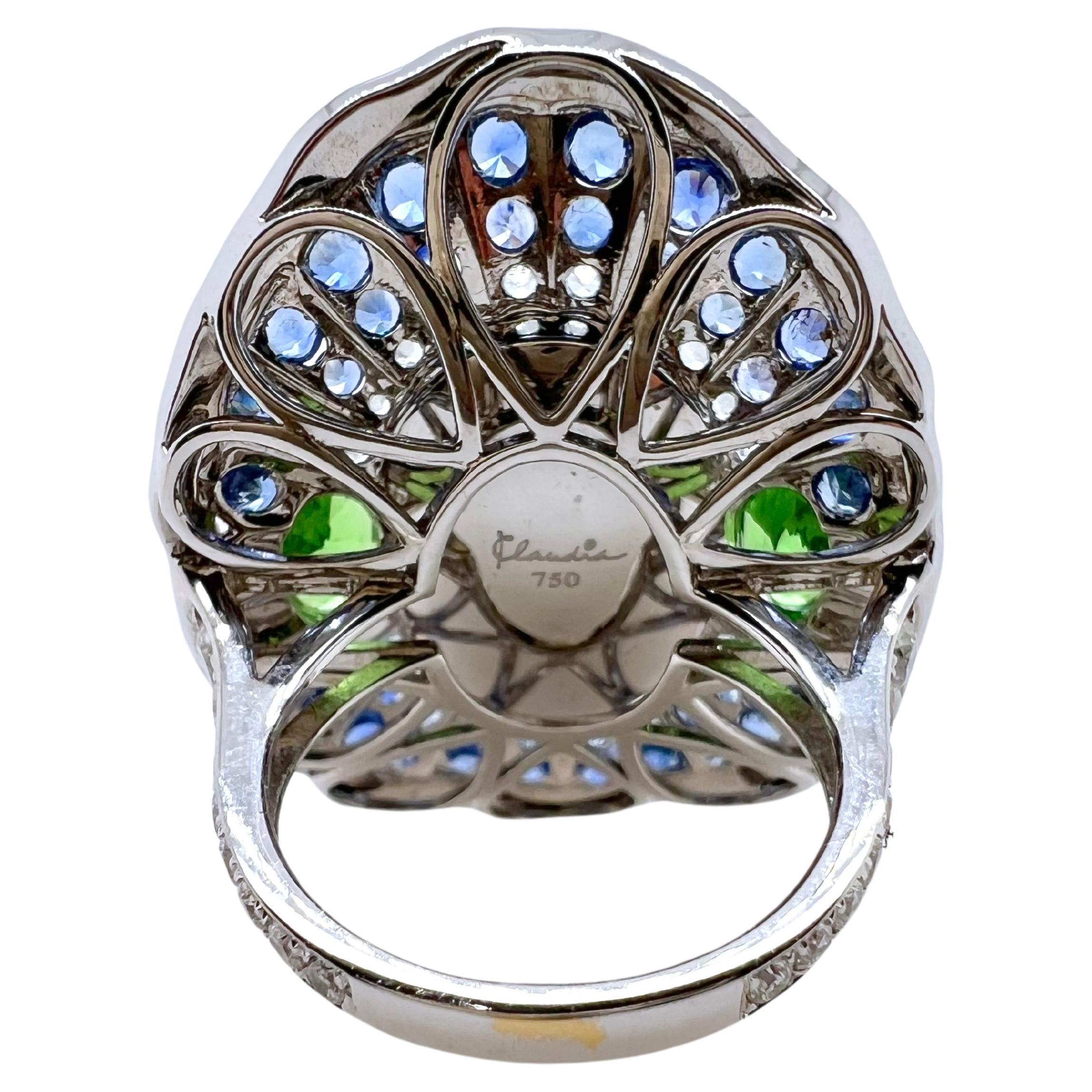 Contemporary 18k White Gold Opal Ring with Tsavorite, Colored Sapphires, and Diamonds For Sale