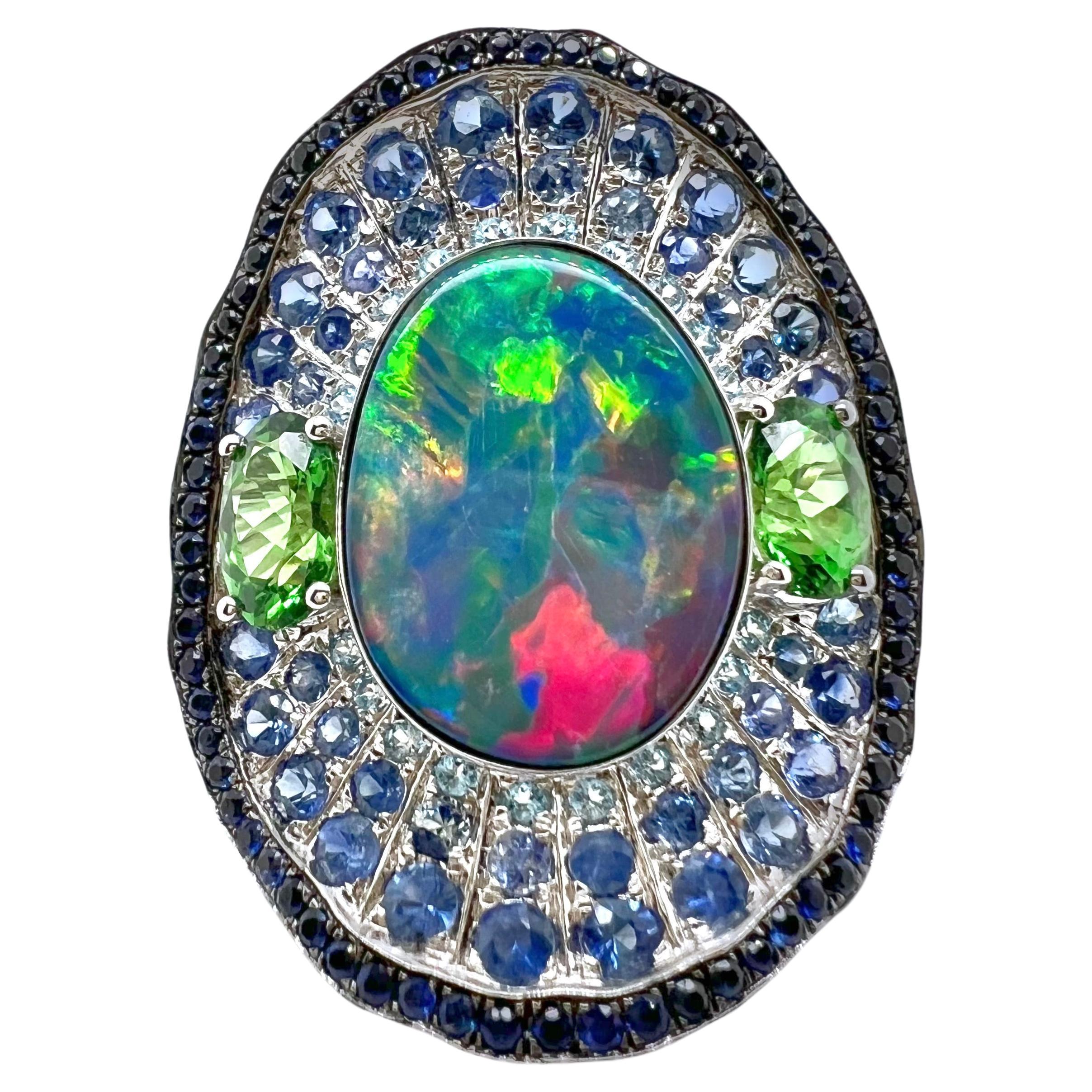 18k White Gold Opal Ring with Tsavorite, Colored Sapphires, and Diamonds