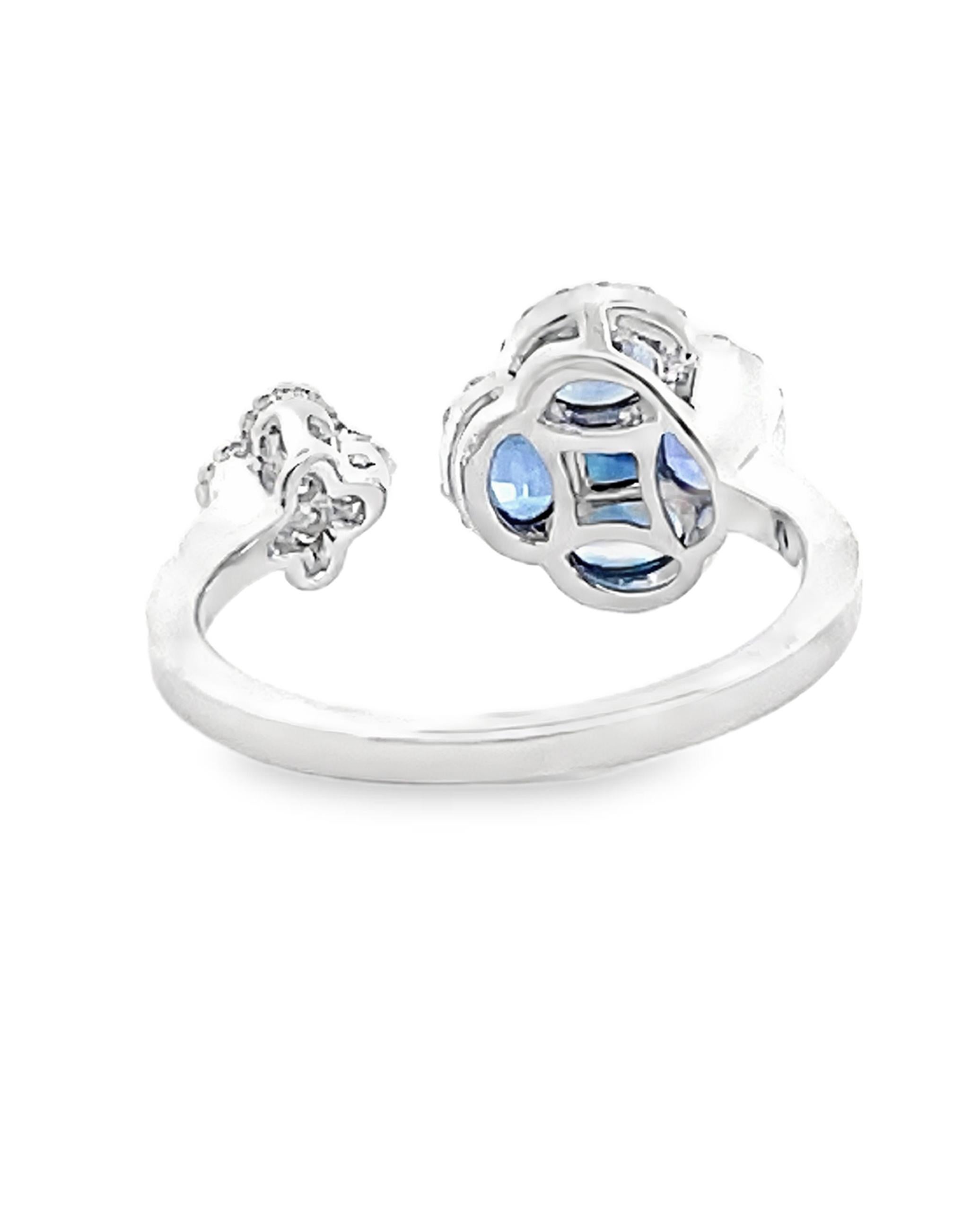 Mixed Cut 18K White Gold Open Bypass Quatrefoil Ring with Sapphires & Diamonds For Sale