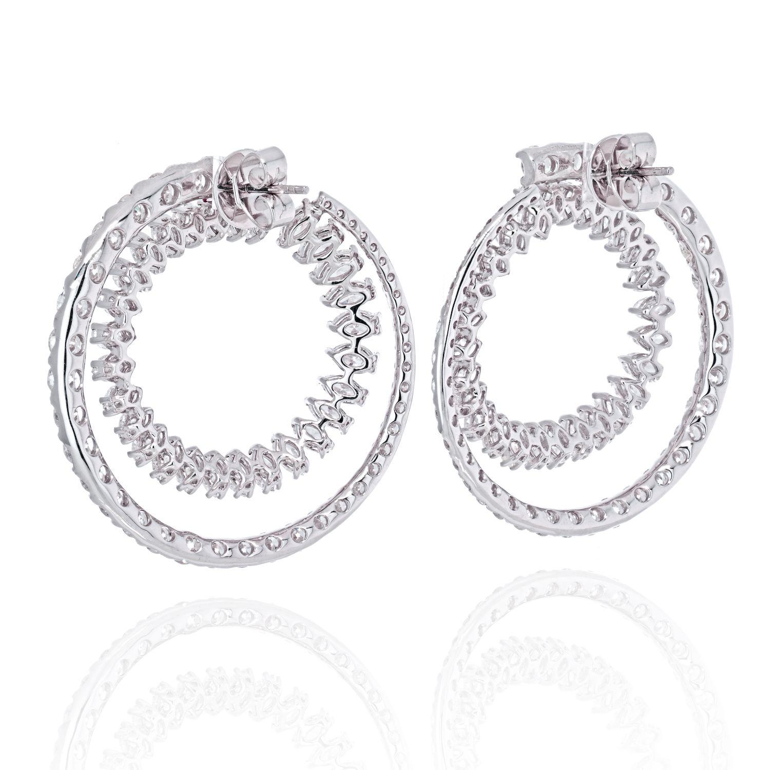 Modern 18K White Gold Open Circle Marquise Round Cut Diamond Hoop Earrings For Sale