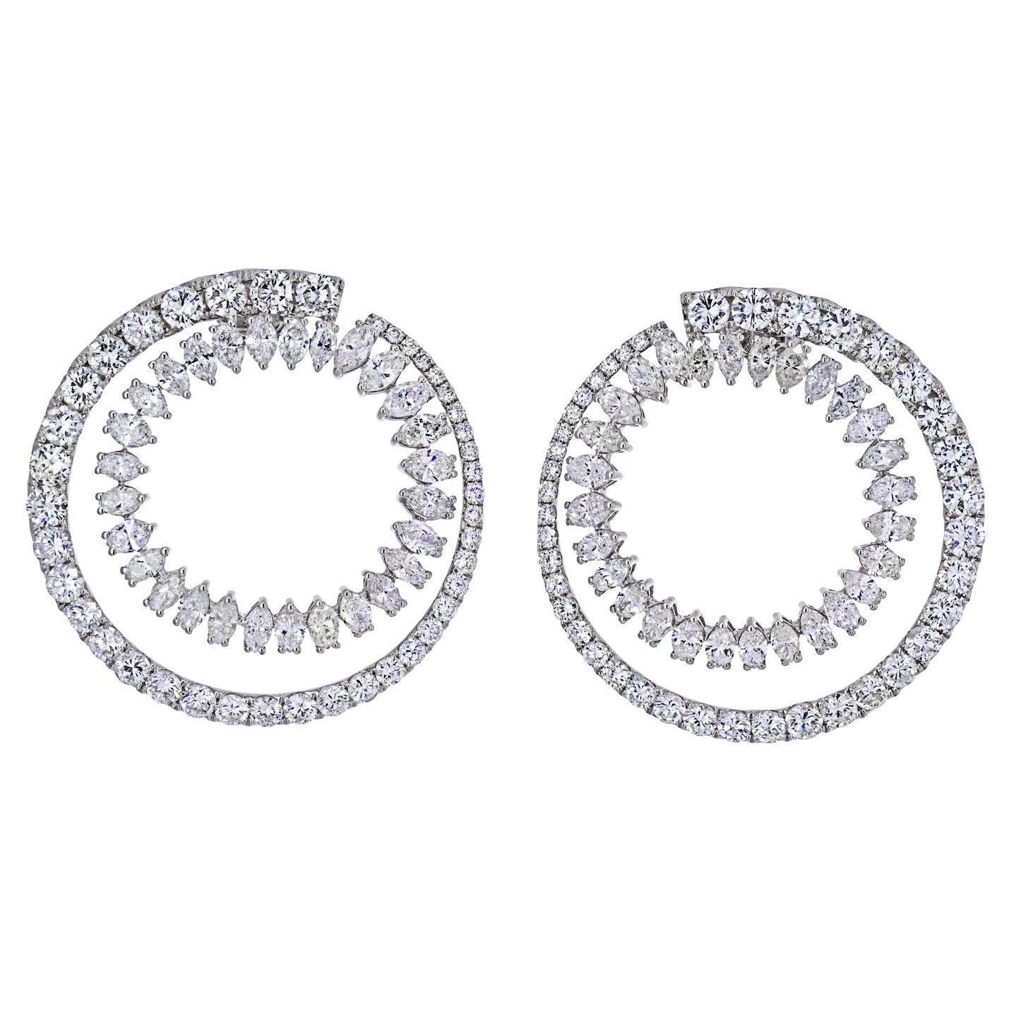 18K White Gold Open Circle Marquise Round Cut Diamond Hoop Earrings For Sale