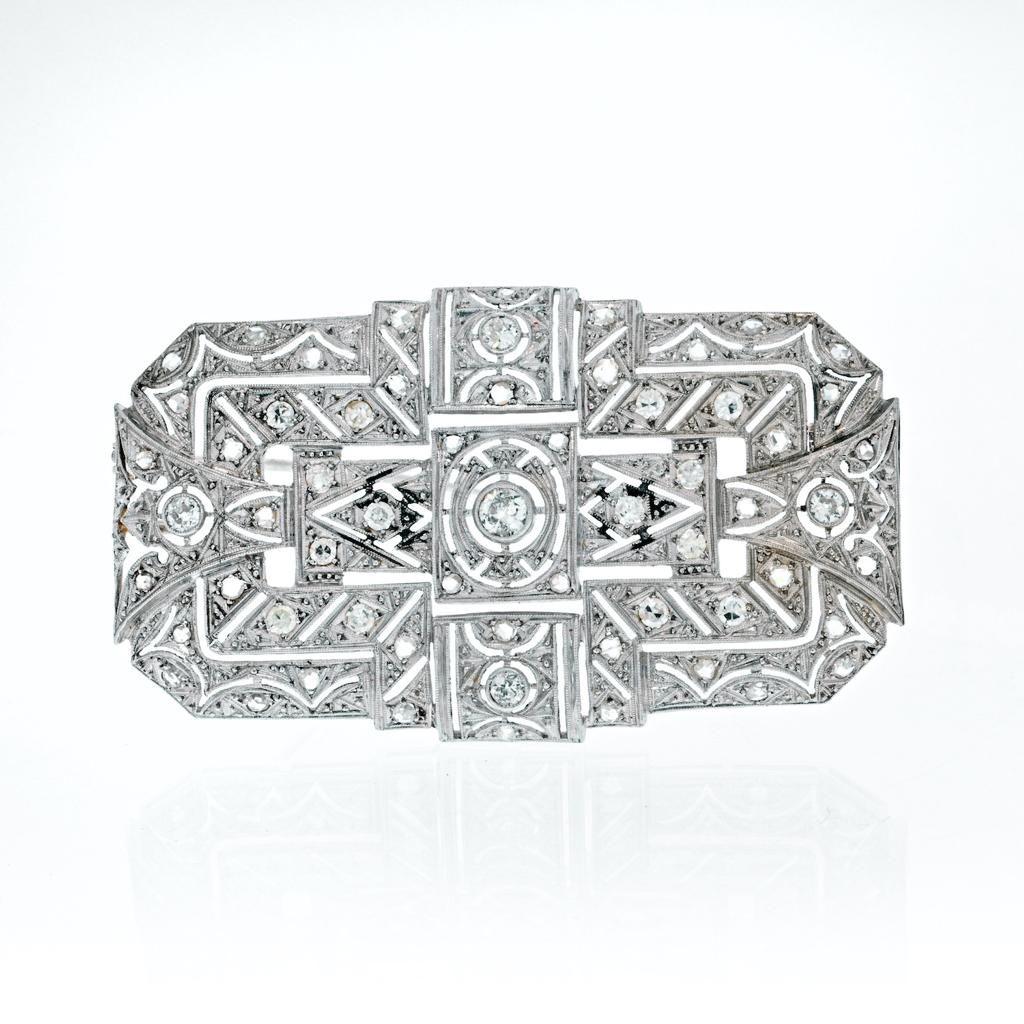 Round Cut 18K White Gold Open Work 1.25 Carat Diamond Brooch For Sale