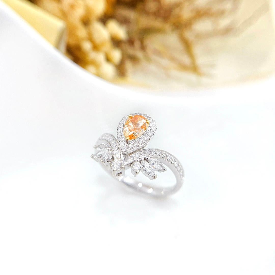 Pear Cut 18K White Gold Orange Diamond & Pear-Cut Diamond Crown Ring For Sale
