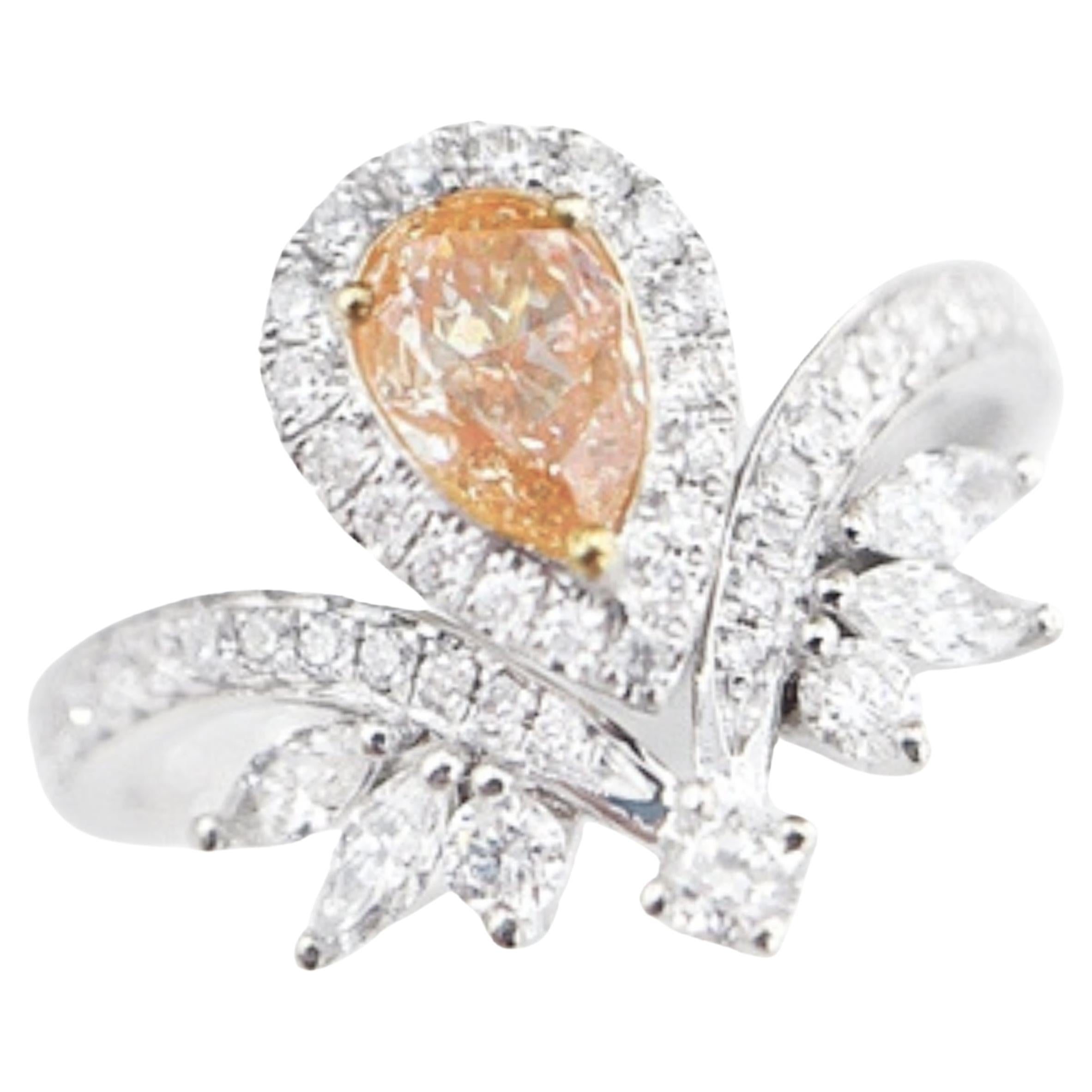 18K White Gold Orange Diamond & Pear-Cut Diamond Crown Ring