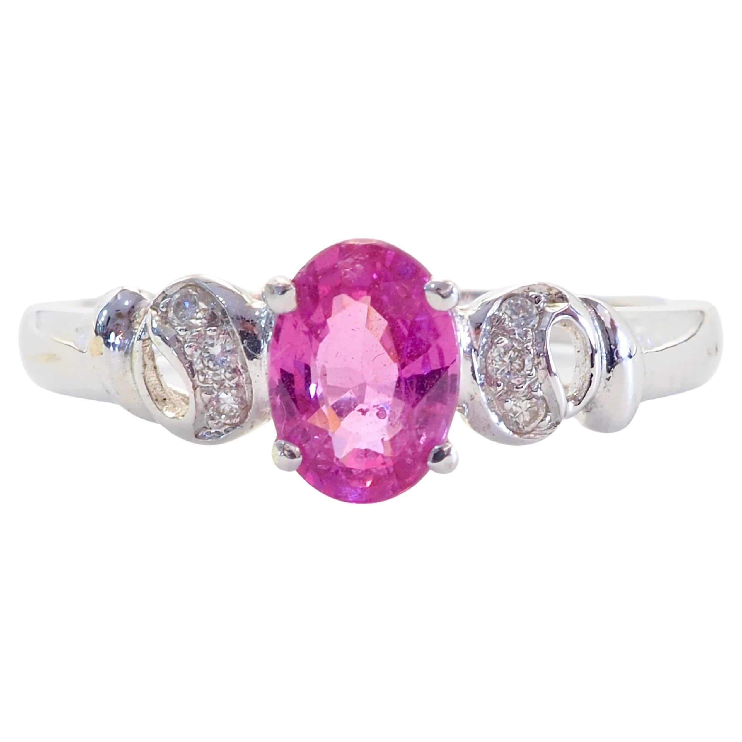 18K White Gold Oval 0.92ct Pink Sapphire & 0.06ct Diamond Elegant Ring