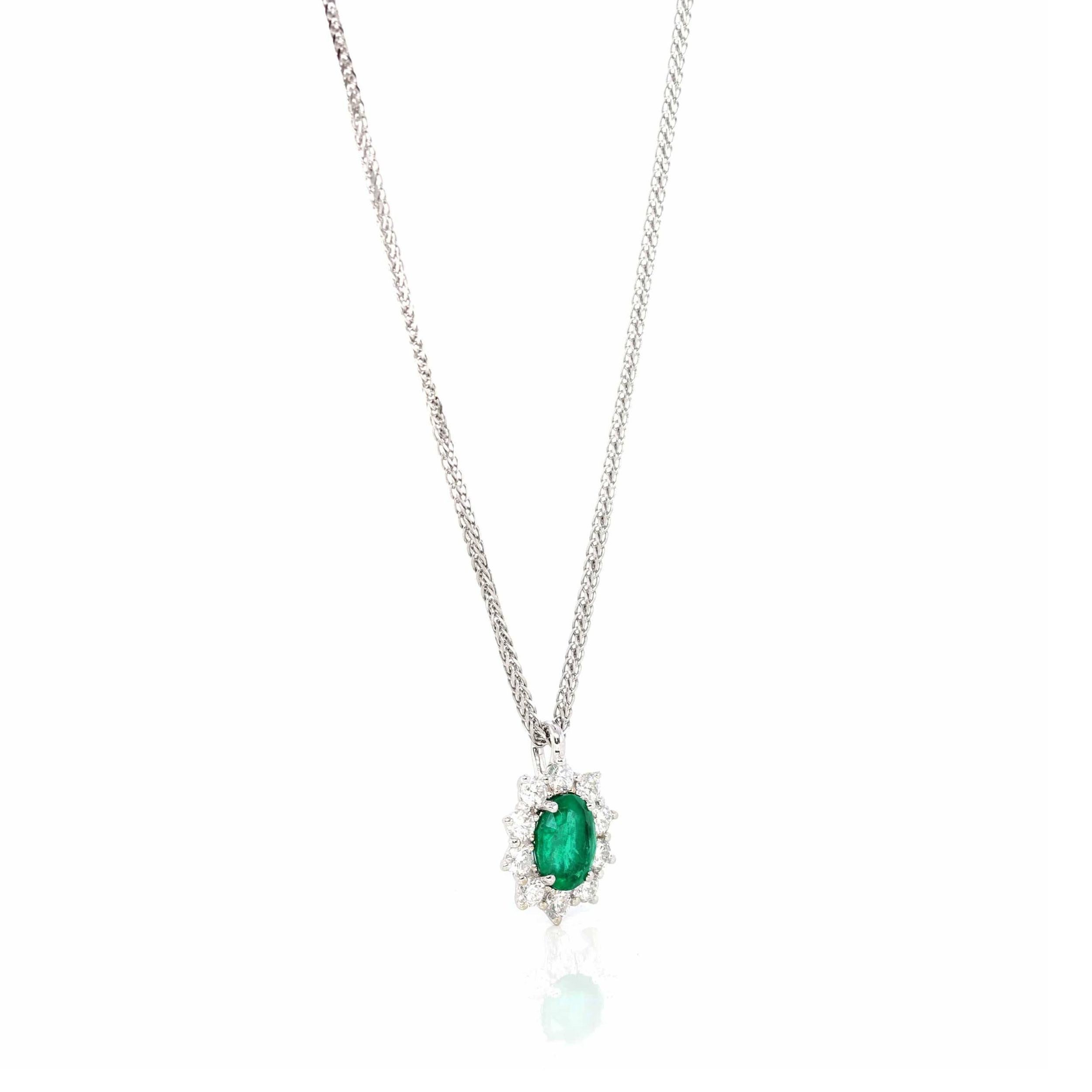 Artist 18k White Gold Oval Aaa Emerald, Four Round Prong Set, Necklace with Diamonds For Sale