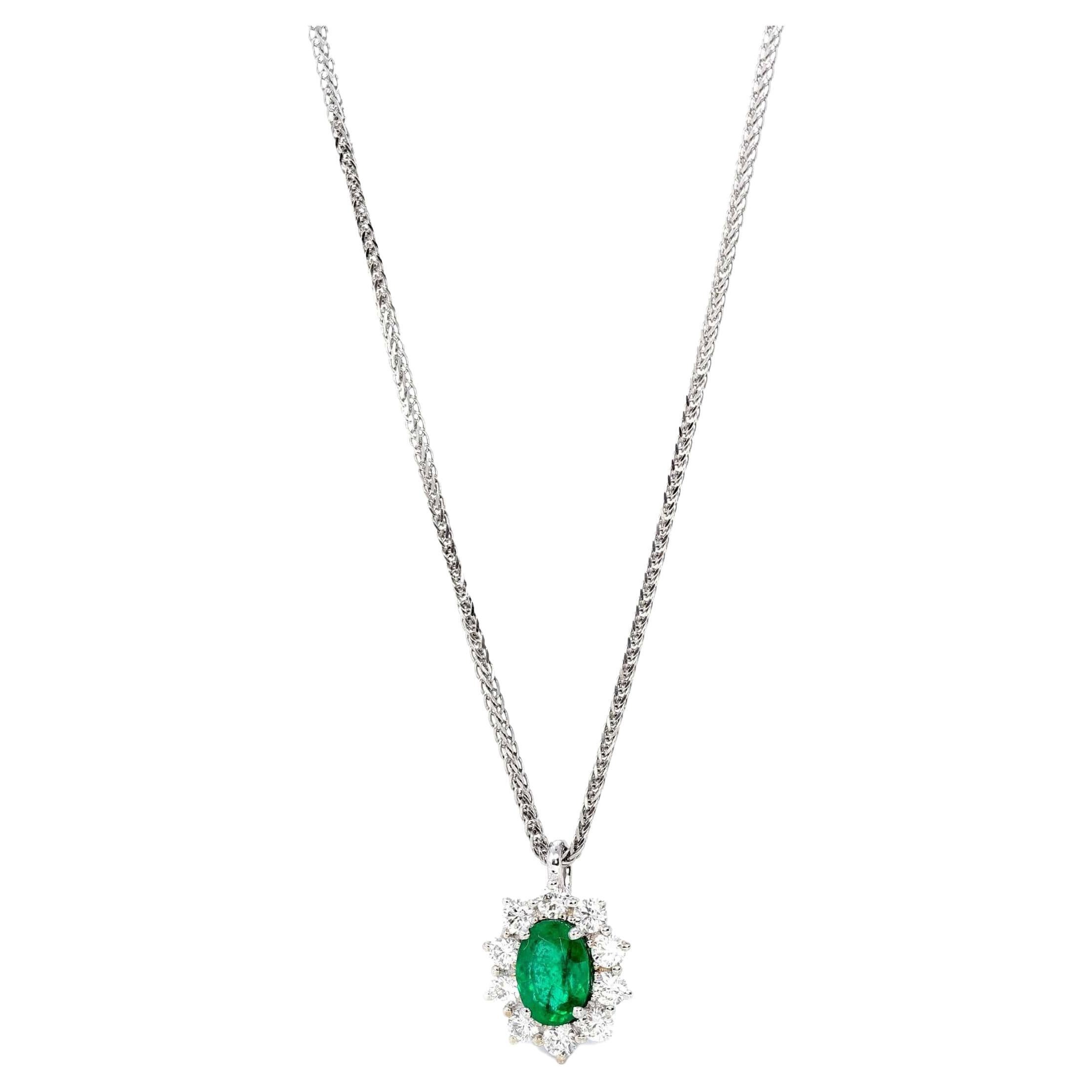 18k White Gold Oval Aaa Emerald, Four Round Prong Set, Necklace with Diamonds