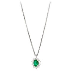 18k White Gold Oval Aaa Emerald, Four Round Prong Set, Necklace with Diamonds