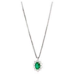 Collana con diamanti in oro bianco 18k, smeraldo ovale Aaa, quattro tondi con incastonatura a forchetta