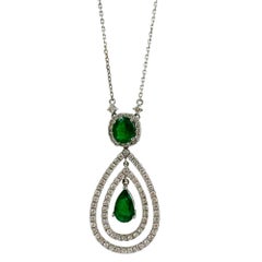 18K White Gold Oval and Pear Cut Emerald and Diamond Necklace