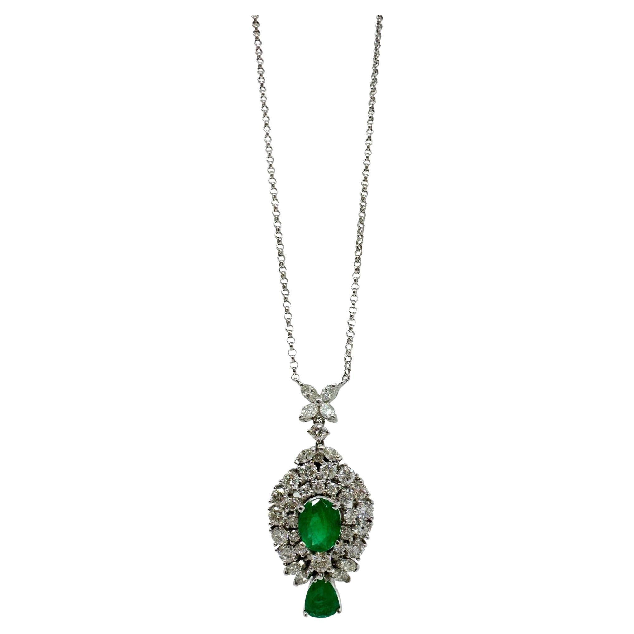 18K White Gold Oval and Pear Cut Emerald and Diamond Necklace
