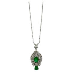 18K White Gold Oval and Pear Cut Emerald and Diamond Necklace