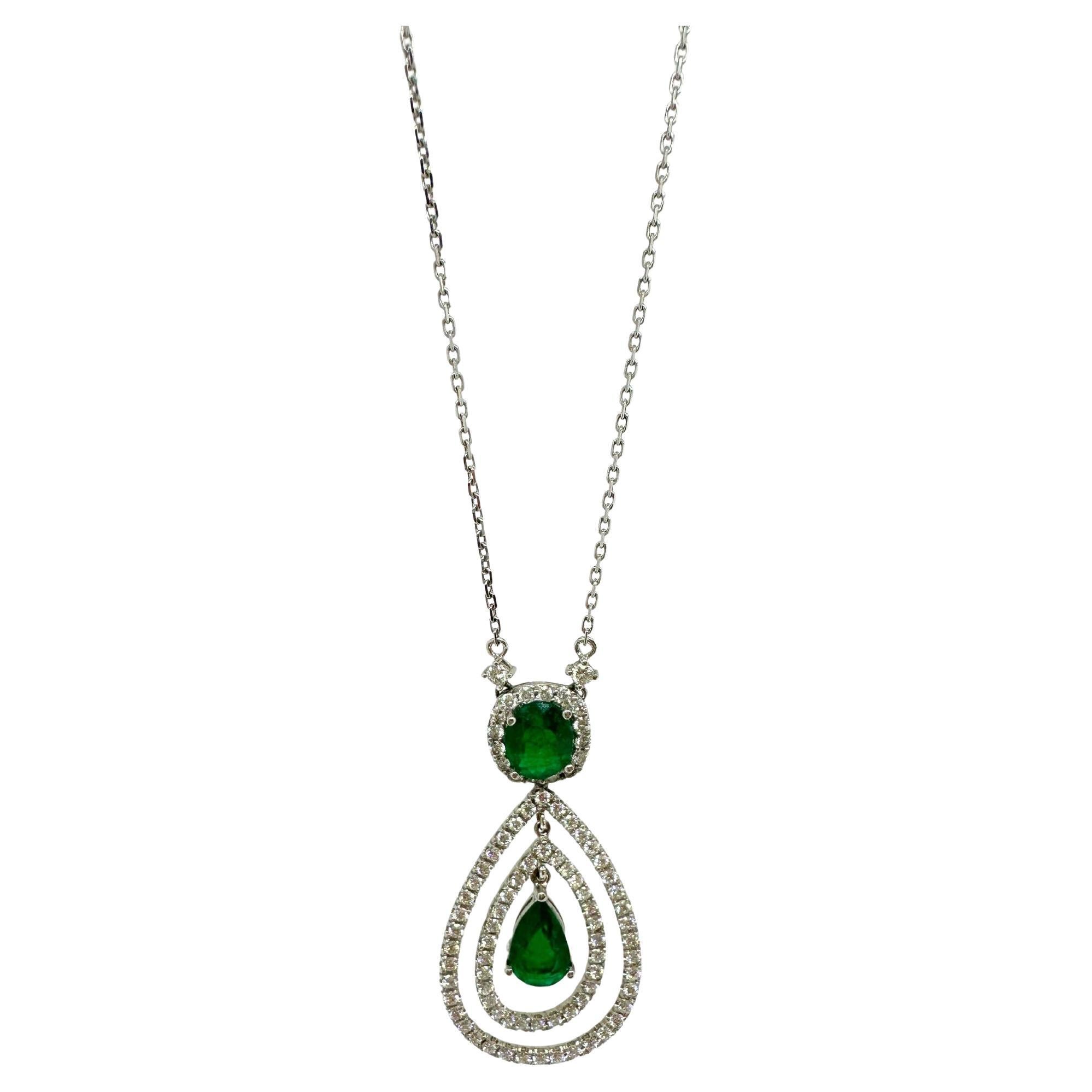 18K White Gold Oval and Pear Cut Emerald and Diamond Necklace