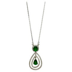 18K White Gold Oval and Pear Cut Emerald and Diamond Necklace