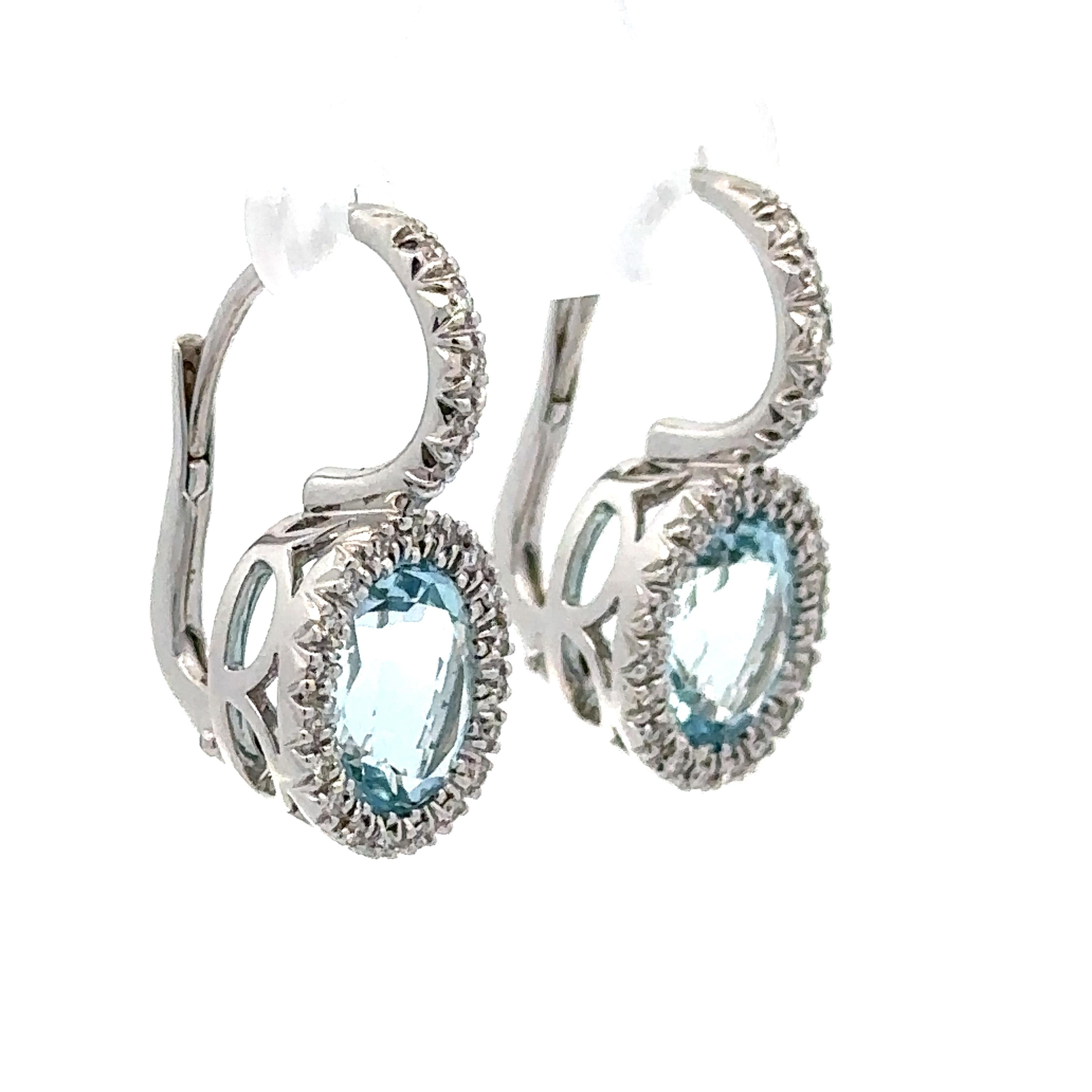 18k White Gold Oval Aquamarine Diamond Halo Lever Back Dangle Drop Earrings For Sale 5