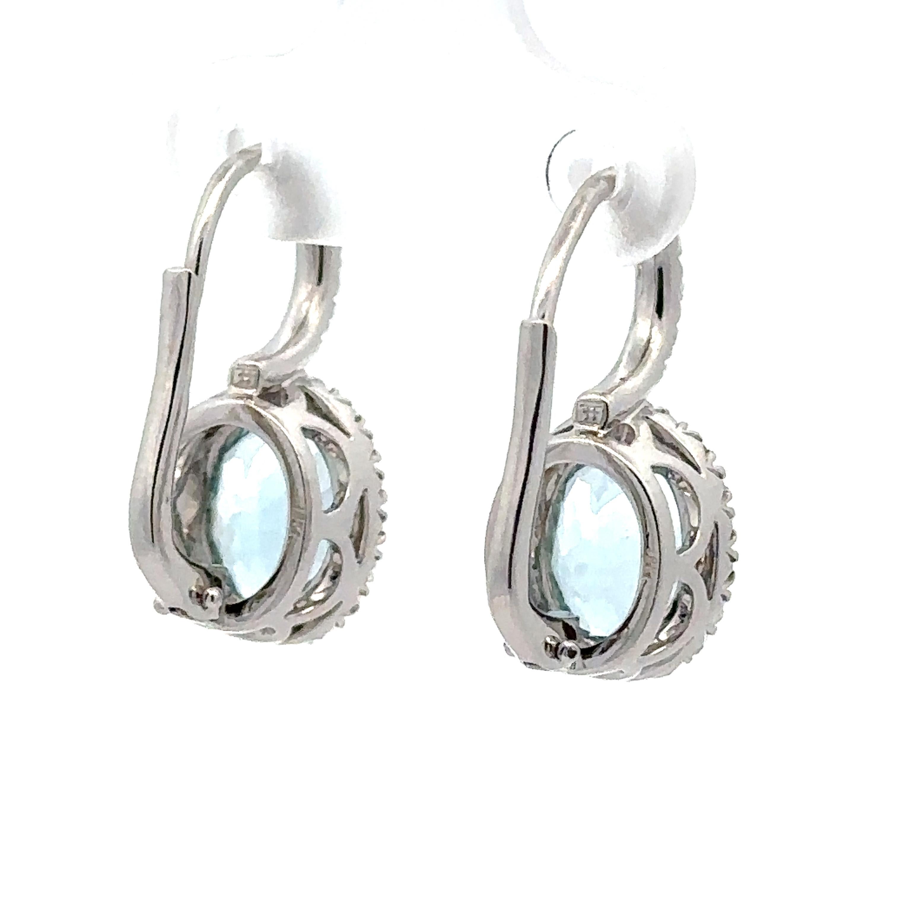 18k White Gold Oval Aquamarine Diamond Halo Lever Back Dangle Drop Earrings For Sale 6