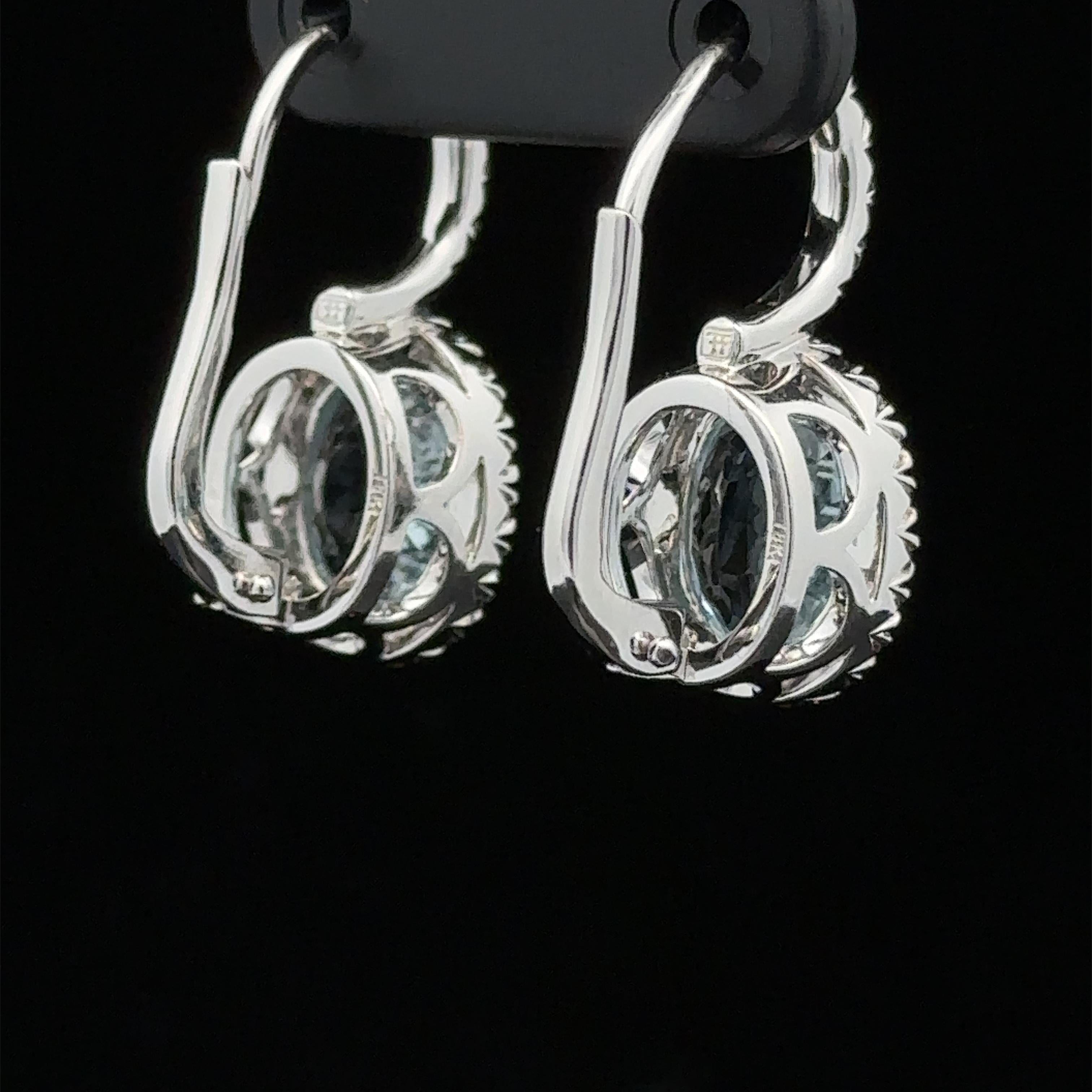 Oval Cut 18k White Gold Oval Aquamarine Diamond Halo Lever Back Dangle Drop Earrings For Sale