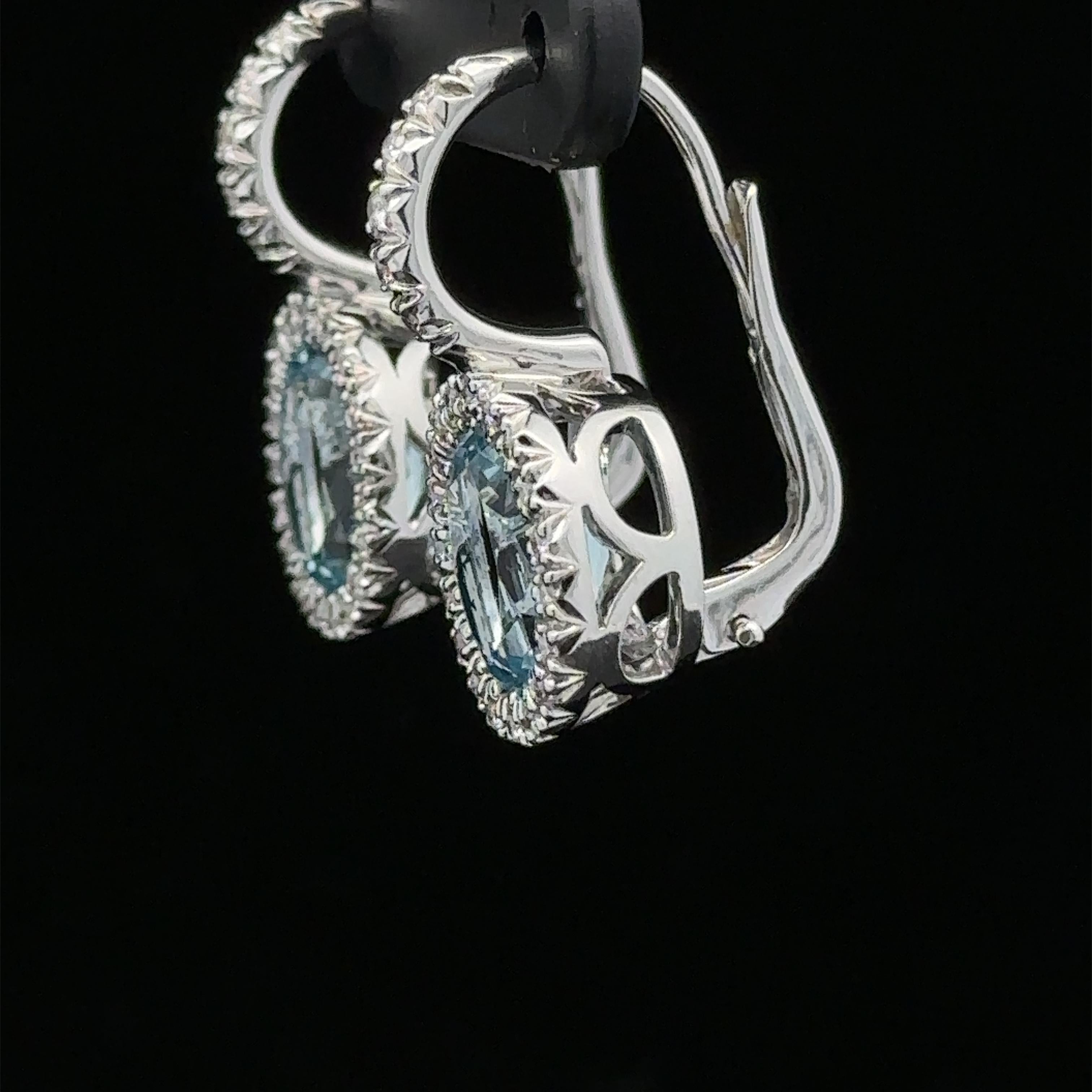 Women's 18k White Gold Oval Aquamarine Diamond Halo Lever Back Dangle Drop Earrings For Sale