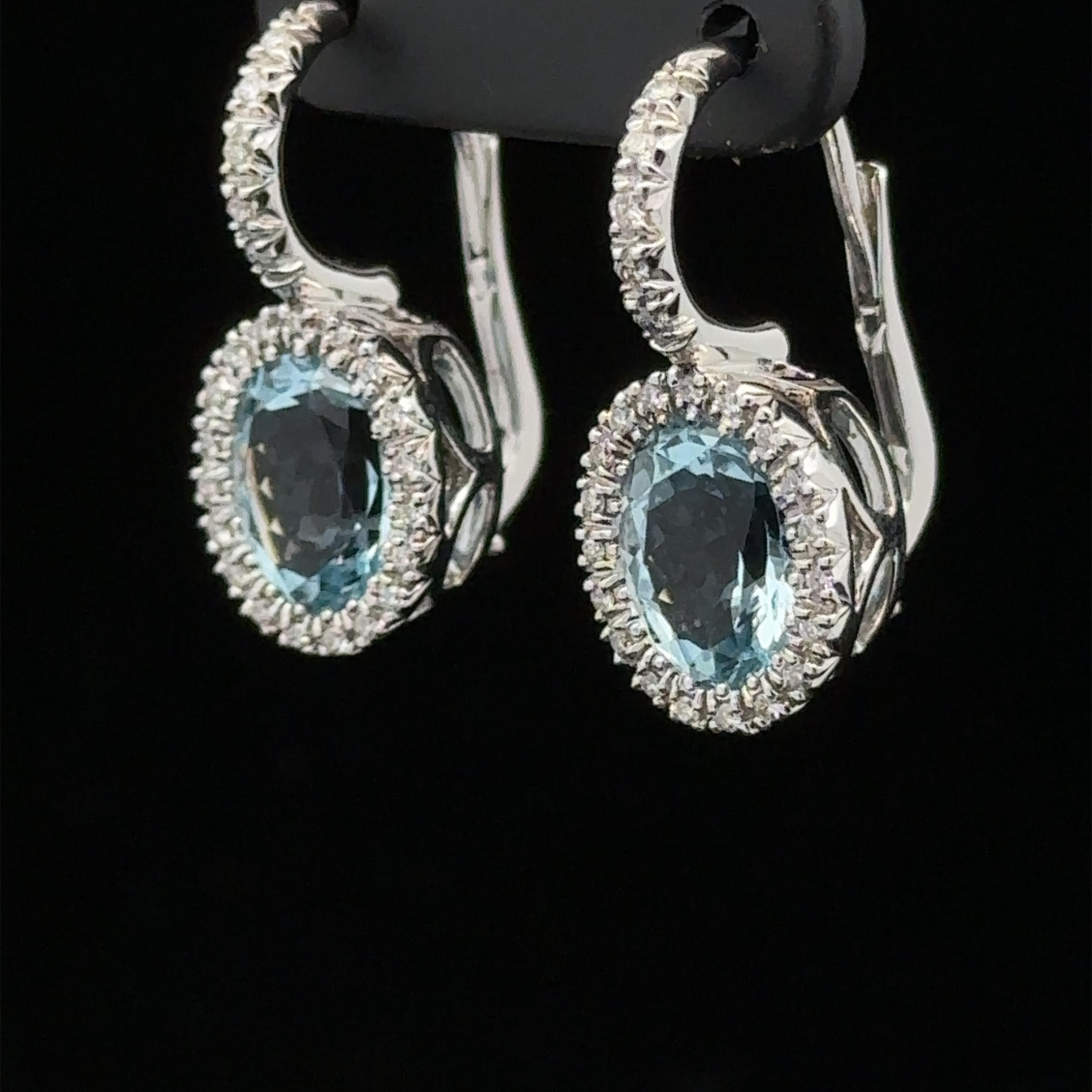 18k White Gold Oval Aquamarine Diamond Halo Lever Back Dangle Drop Earrings For Sale 1