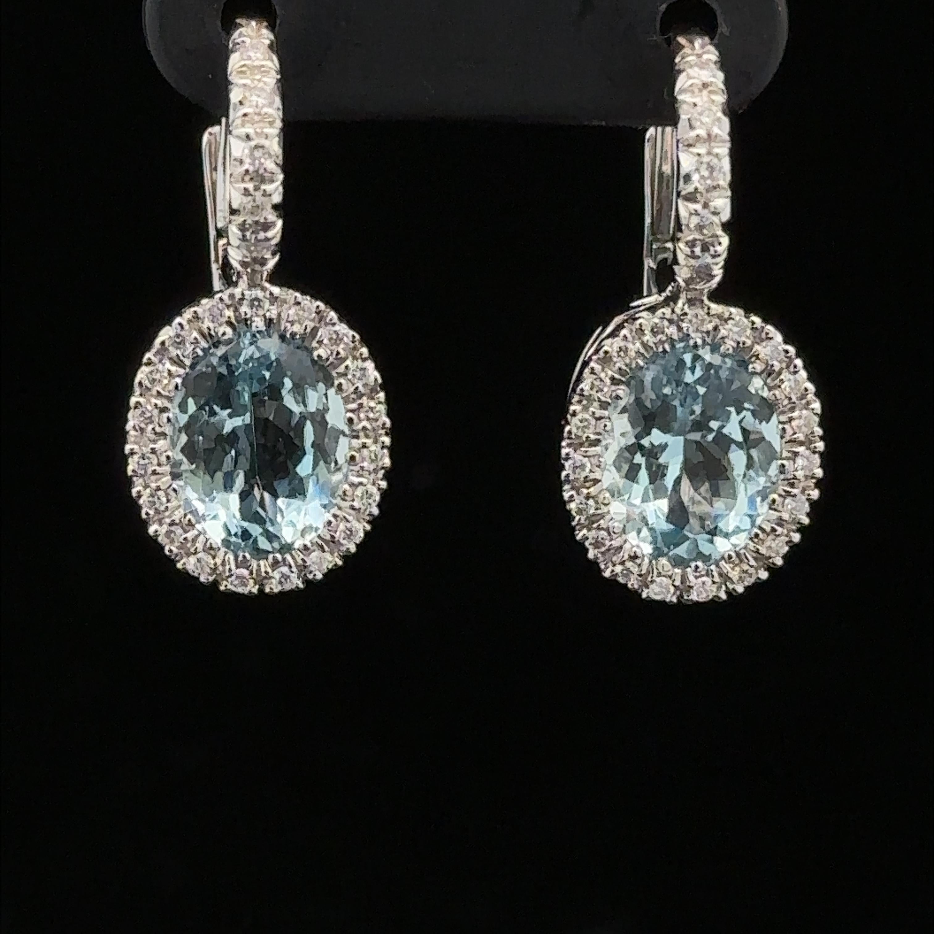 18k White Gold Oval Aquamarine Diamond Halo Lever Back Dangle Drop Earrings For Sale 2