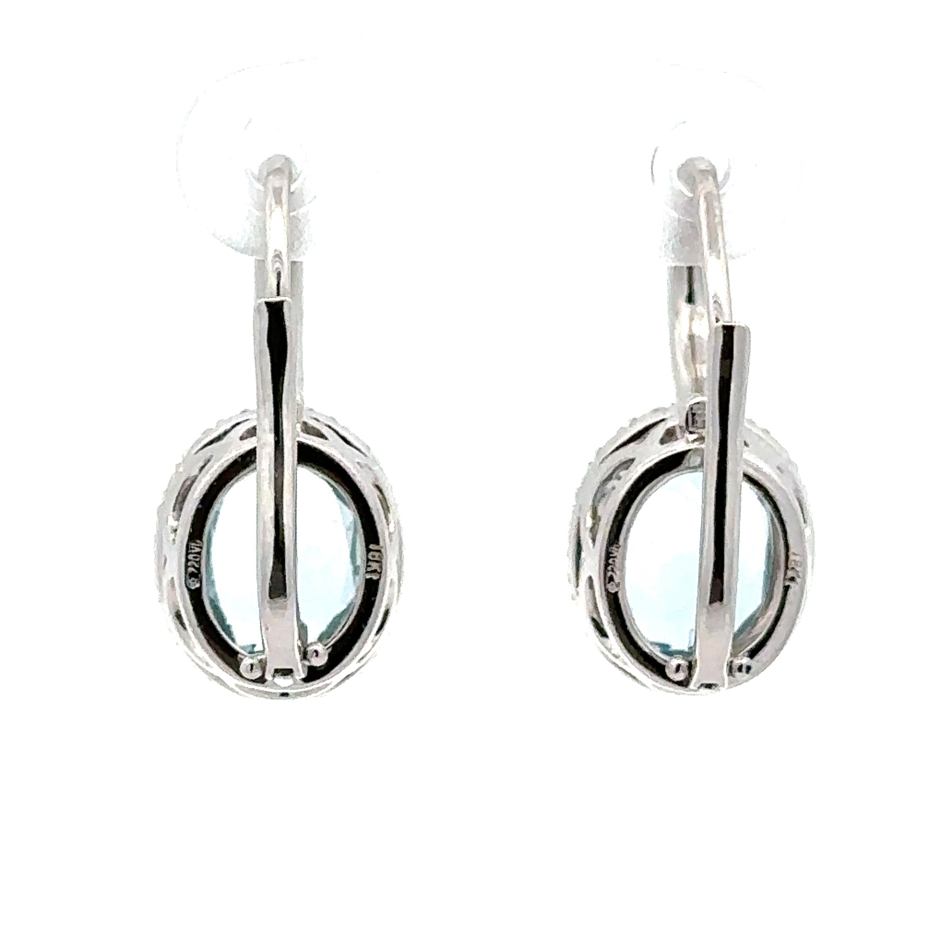 18k White Gold Oval Aquamarine Diamond Halo Lever Back Dangle Drop Earrings For Sale 3