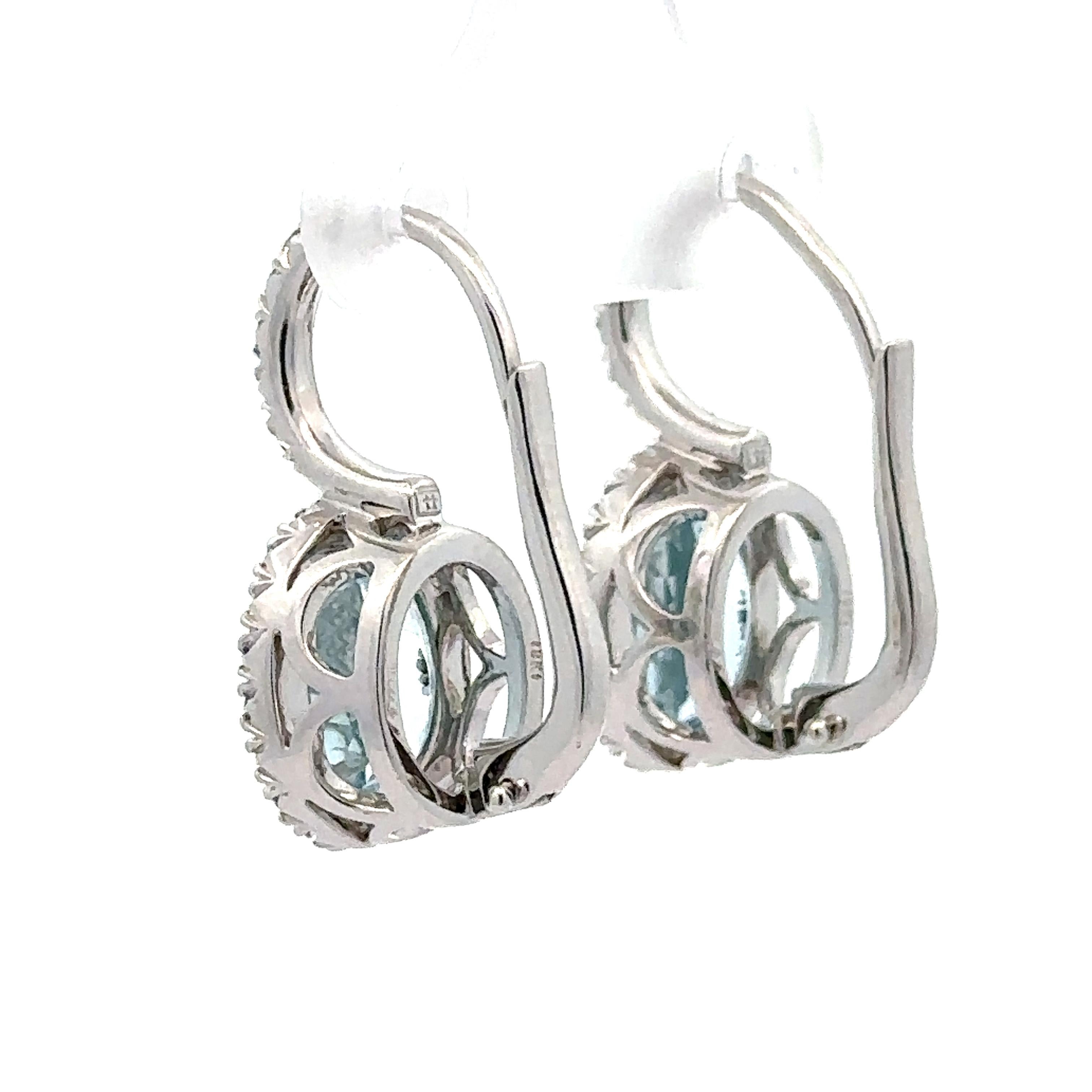 18k White Gold Oval Aquamarine Diamond Halo Lever Back Dangle Drop Earrings For Sale 4